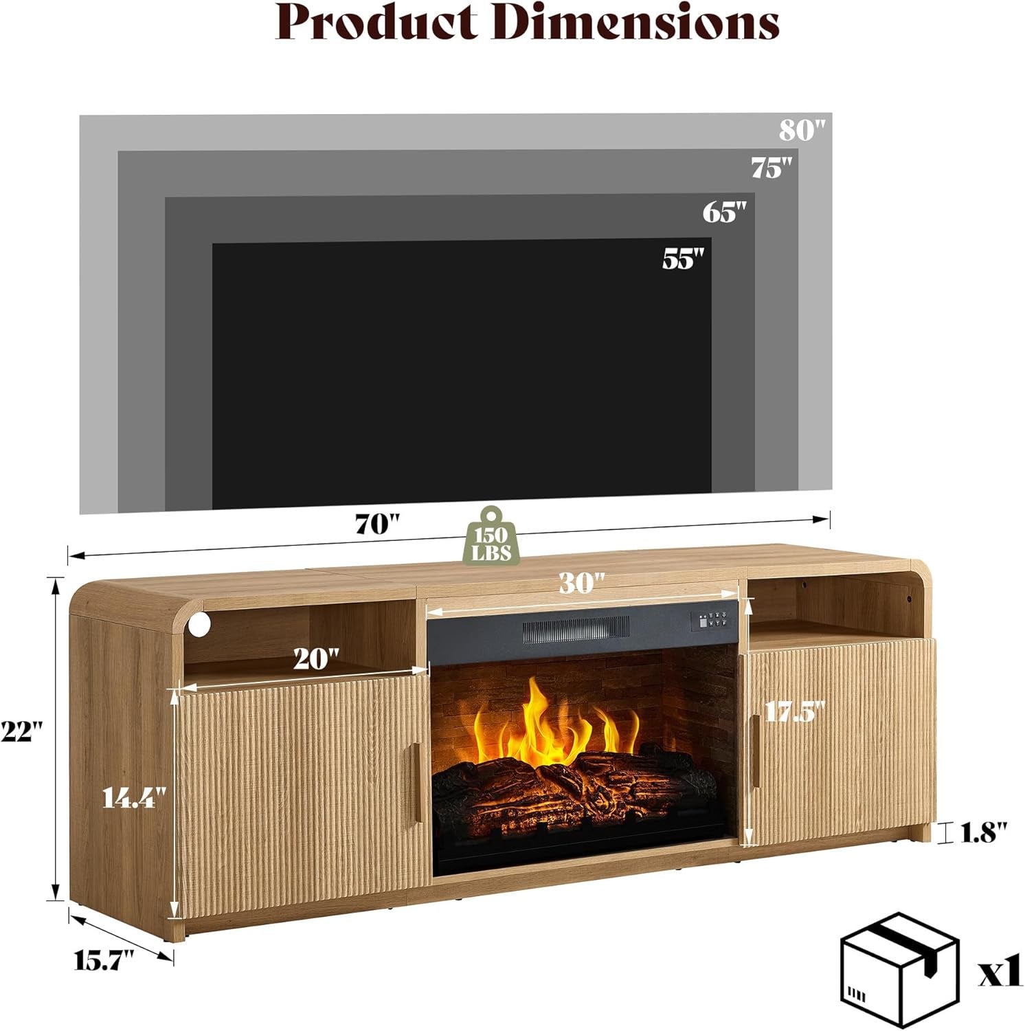 70" Fluted Fireplace TV Stand for Tvs up to 80", Modern TV Console with 30" Electric Fireplace & Storage Cabinets, Media Entertainment Center for Living Room, Natural Oak