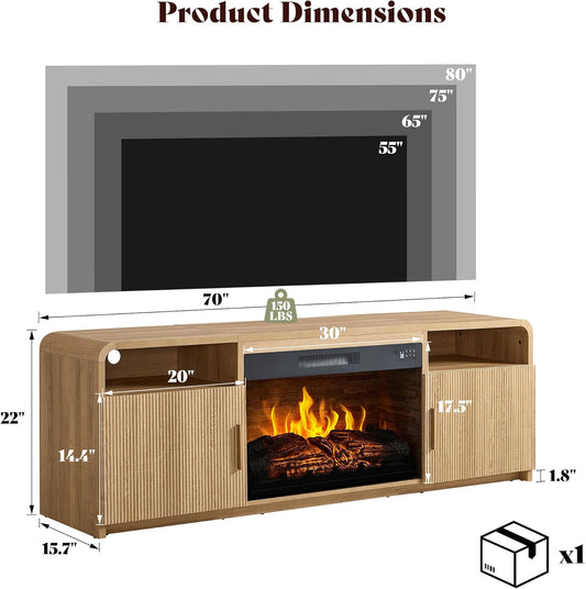 70" Fluted Fireplace TV Stand for Tvs up to 80", Modern TV Console with 30" Electric Fireplace & Storage Cabinets, Media Entertainment Center for Living Room, Natural Oak
