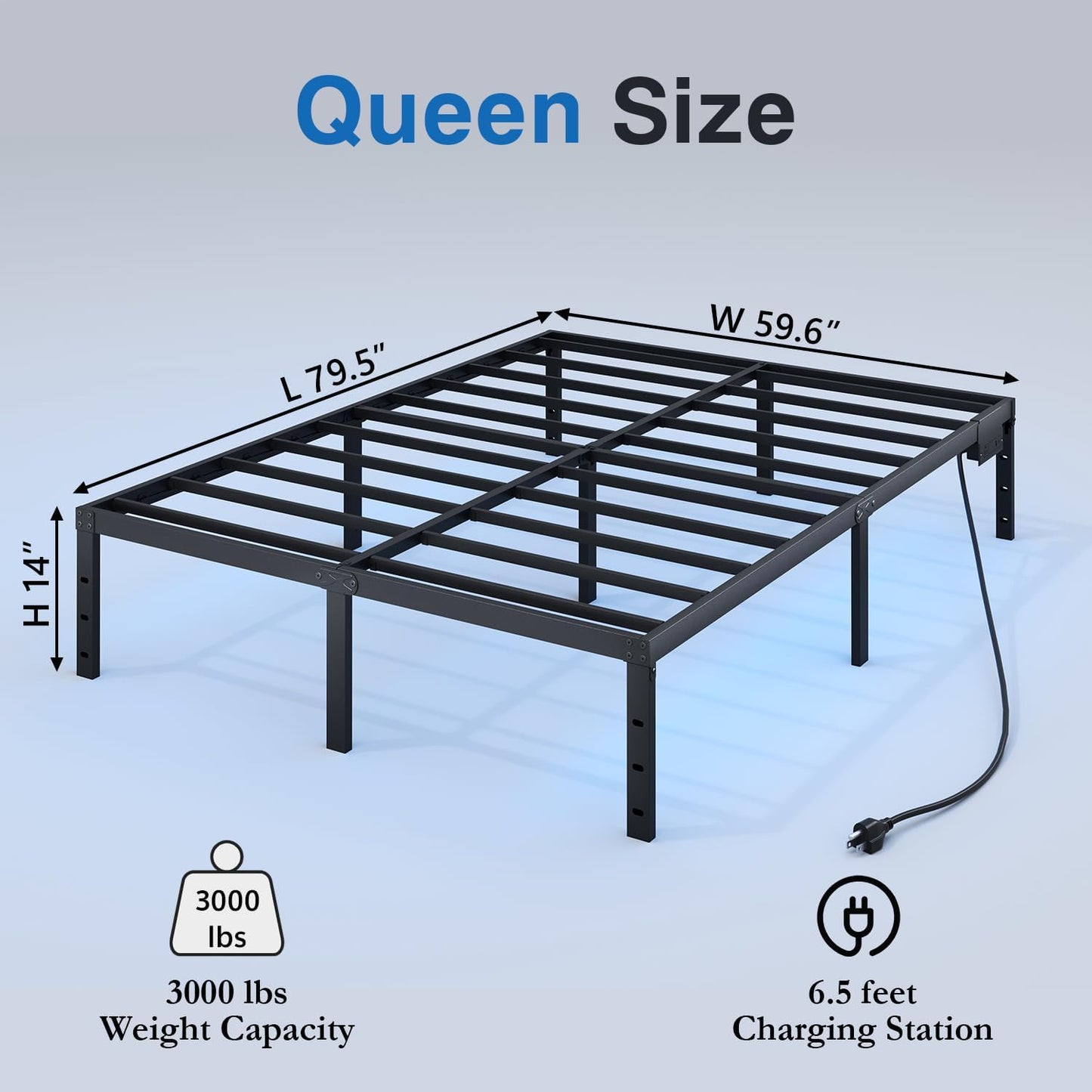 Queen Bed Frame with LED Lights & Charging Station - 14 Inch Heavy Duty Metal Platform Bed Frame No Box Spring Needed, Easy Assembly, No Noise