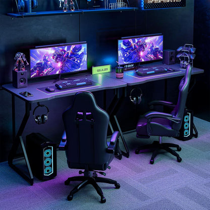 Gaming Desk Z Shaped 40 Inch Gamer Workstation, Home Computer Carbon Fiber Surface Gaming Desk PC Table with Headphone Hook, Carbon Fiber Black