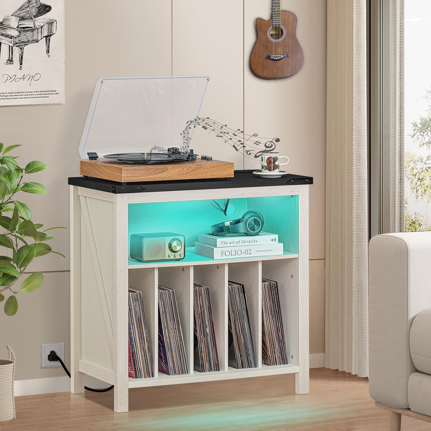Large Record Player Stand with Charging Station & LED Lights, White Vinyl Record Storage Table Holds up to 230 Albums, Turntable Stand with Display Shelf for Music Room Bedroom Living Room