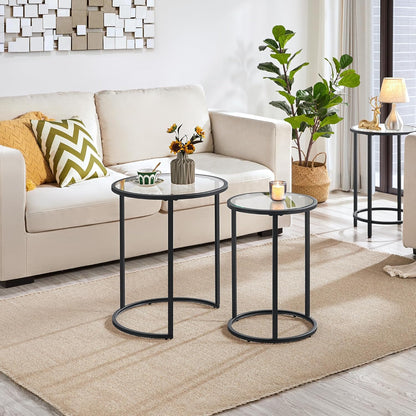 round Nesting End Table Set of 2,Stacking Side Tables,Coffee Tables Set W/Metal Frame & Glass Top & Protective Foot Pads for Small Space, Living Room, Office- Black