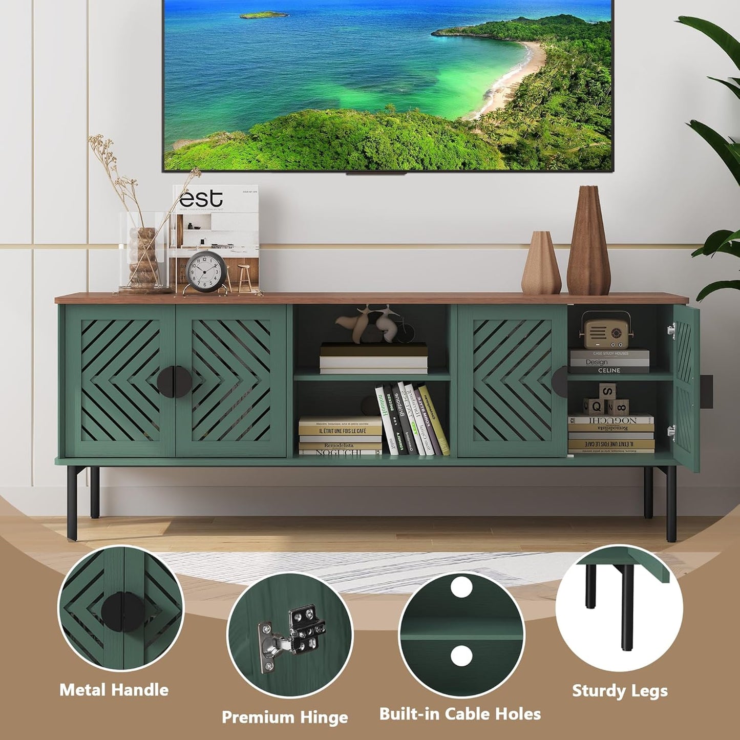 63" Modern TV Stands for Living Room, Long Entertainment Center with Storage, TV Console for 55 60 65 70 Inch TV, Bedroom TV Cabinet with Doors, Wood Media Console, Television Stand, Green