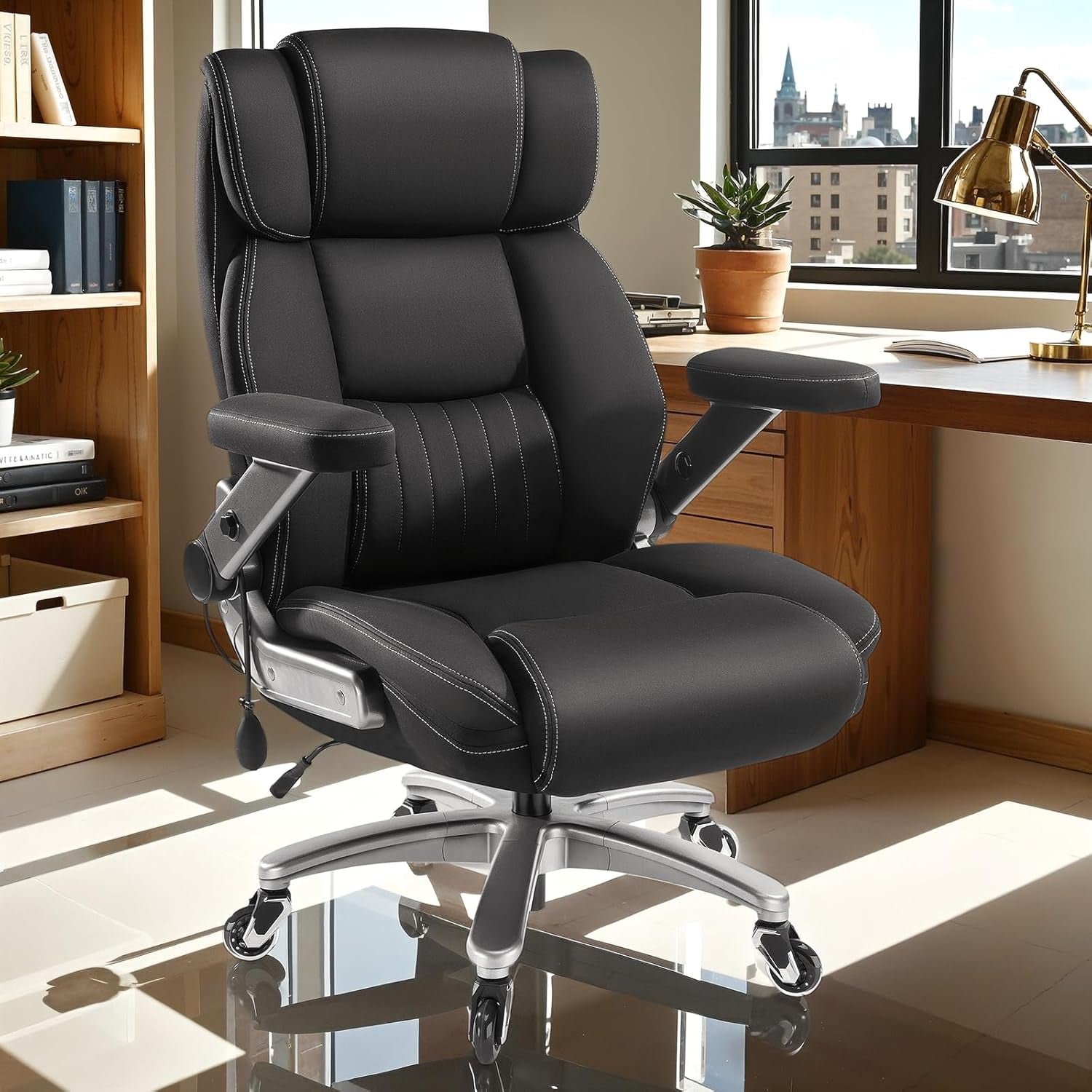 600LBS Breathable Fabric Big and Tall Office Chair with 5D Flip Arms and Pocket Spring Cushion, Ergonomic Heavy Duty Executive Office Desk Chair with Lumbor Support, High Back Computer Chair (600Lbs)