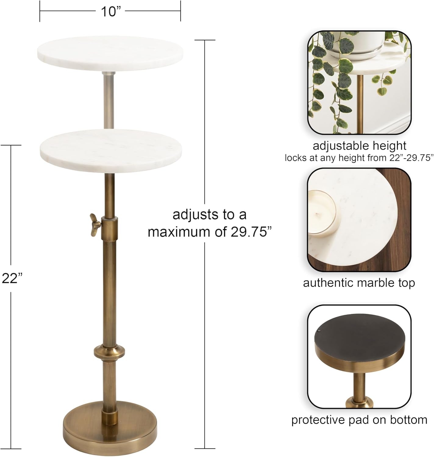 Engles Traditional Adjustable-Height Pedestal Drink Table, 10 X 10 X 30, White Marble and Antique Brass, Vintage round Indoor Metal Plant Stand with Authentic Marble Tabletop