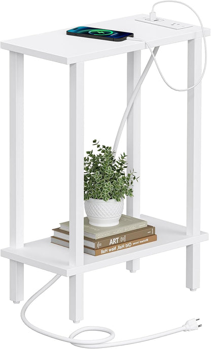 Small End Table with Charging Station, Narrow Side Table with USB Ports and Outlets, Skinny Sofa Table, Slim Nightstand, Living Room, Bed Room, White TB01BW060