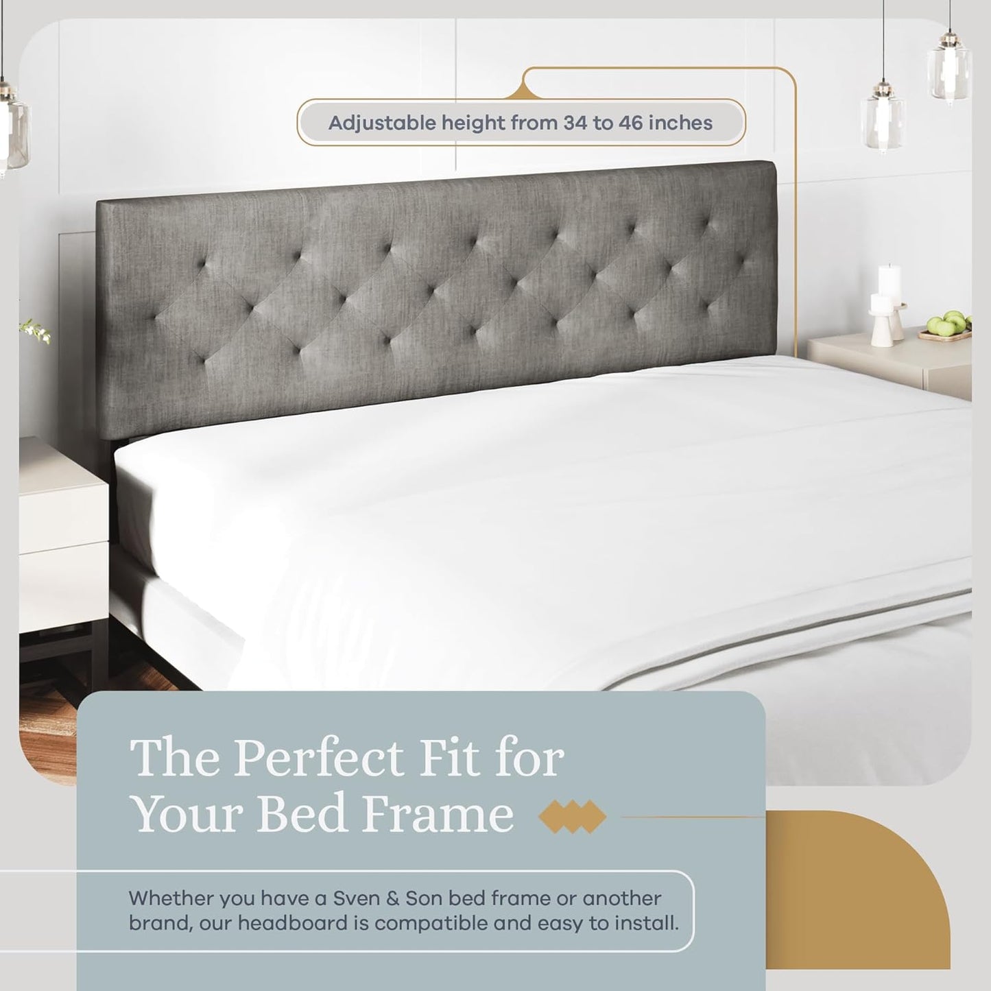 Diamond-Tufted Mid-Rise Upholstered Headboard, Wall or Bed Frame Mount - Full or Queen (Gray)
