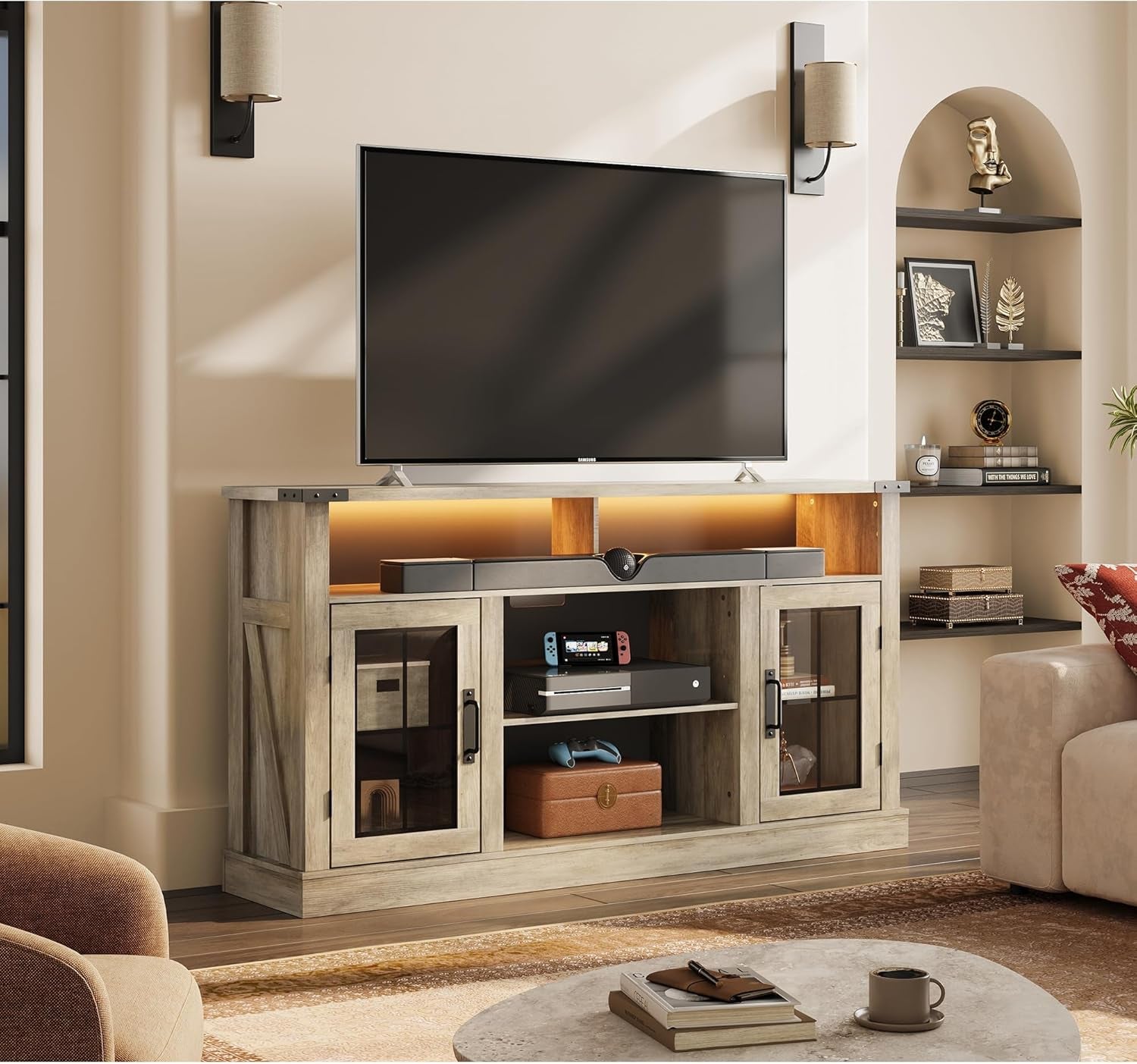 Farmhouse TV Stand for 65 Inch TV, Tall Entertainment Center with LED Lights & Storage Cabinets, TV Media Console Table with Adjustable Shelf for Living Room, Bedroom, Home Theater, Gray Oak