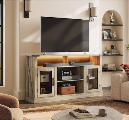 Farmhouse TV Stand for 65 Inch TV, Tall Entertainment Center with LED Lights & Storage Cabinets, TV Media Console Table with Adjustable Shelf for Living Room, Bedroom, Home Theater, Gray Oak