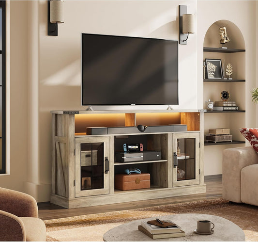 Farmhouse TV Stand for 65 Inch TV, Tall Entertainment Center with LED Lights & Storage Cabinets, TV Media Console Table with Adjustable Shelf for Living Room, Bedroom, Home Theater, Gray Oak