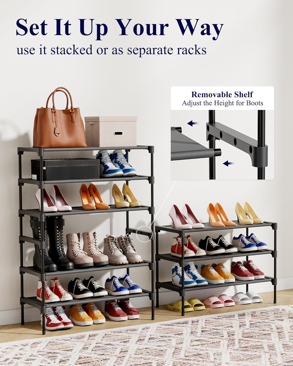 Shoe Rack - Non-Woven Shoe Rack Shelf, Shoe Organizer for Closet, Entryway, Garage & Corridor, Stackable Shoe Shelves, 27.5" Wide - 3 Tier, Black