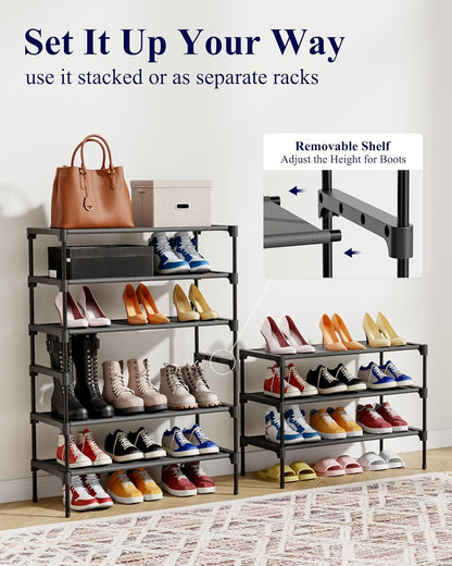 Shoe Rack - Non-Woven Shoe Rack Shelf, Shoe Organizer for Closet, Entryway, Garage & Corridor, Stackable Shoe Shelves, 27.5" Wide - 3 Tier, Black