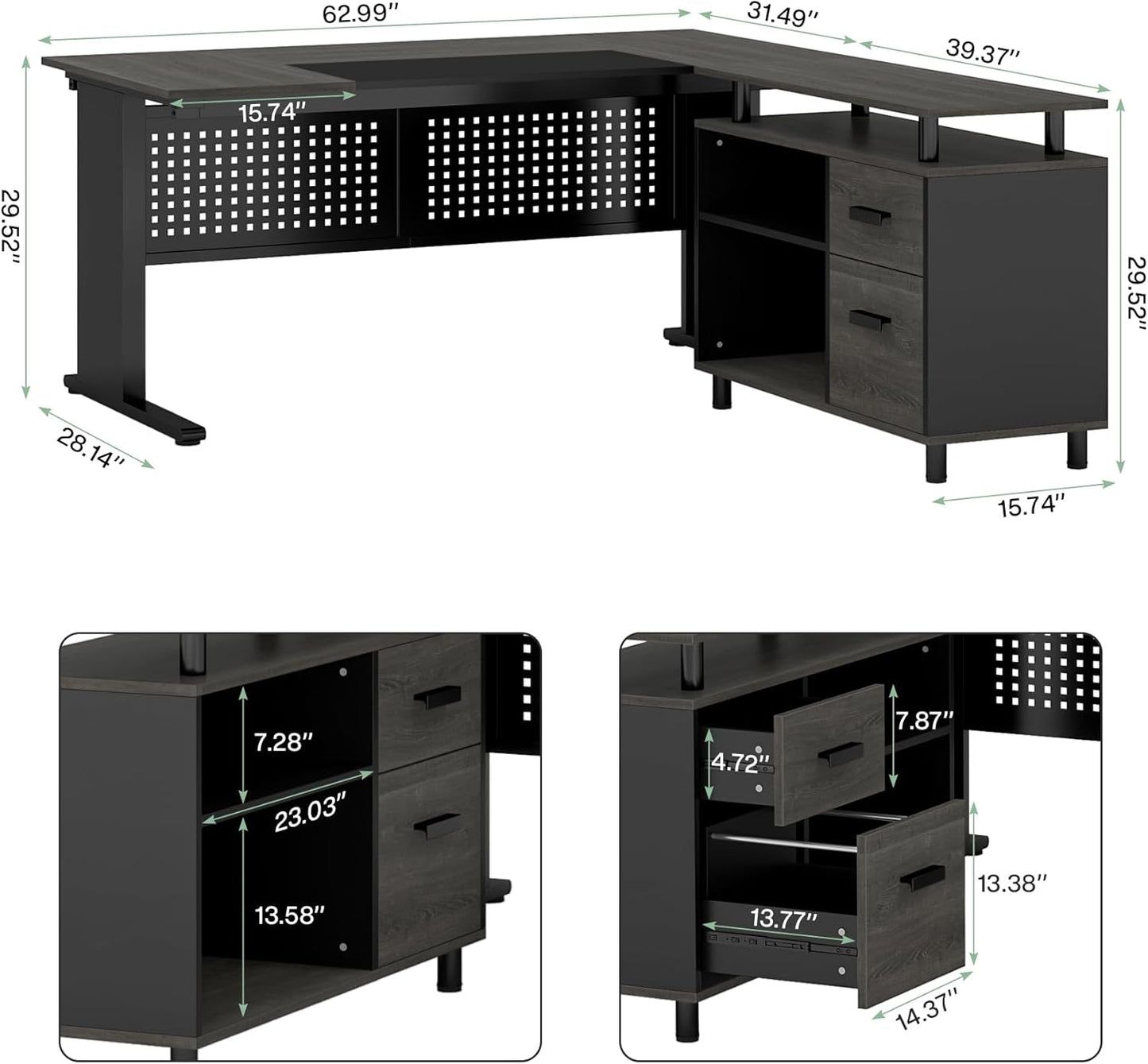 63 Inch Executive Desk with File Cabinet, L Shaped Office Desk with Drawers and Storage Shelves, Business Furniture Set Workstation for Home Office, Gray and Black