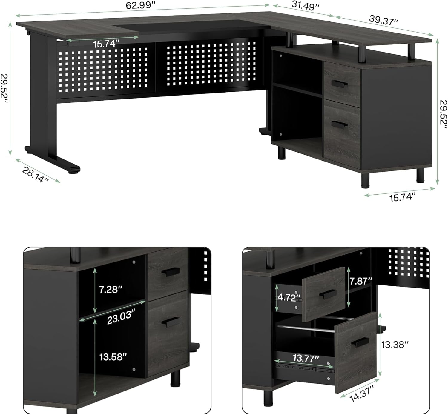 63 Inch Executive Desk with File Cabinet, L Shaped Office Desk with Drawers and Storage Shelves, Business Furniture Set Workstation for Home Office, Gray and Black
