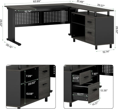 63 Inch Executive Desk with File Cabinet, L Shaped Office Desk with Drawers and Storage Shelves, Business Furniture Set Workstation for Home Office, Gray and Black