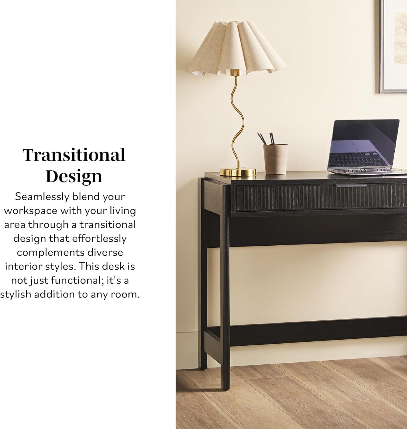 Transitional Office Design, Reeded Drawer Front Detail, Writing Desk with Drawer, Spacious Desktop, Complementary in Living Spaces, 38”W X 16.75”D X 30”H, Black