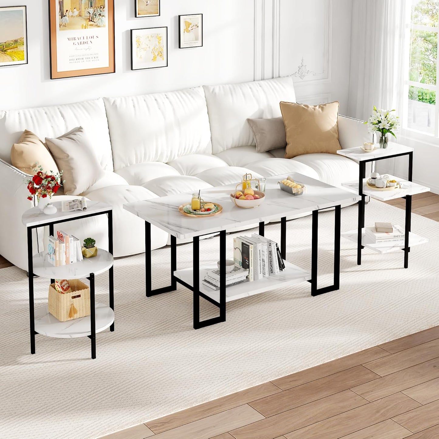 Coffee Table Set of 3 Coffee Table and End Table Sets, Modern Living Room Table Set with Metal Frame for Apartment Home Office White & Black
