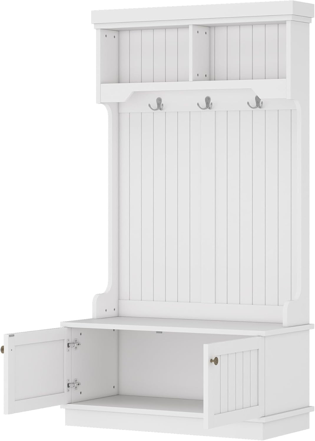 Hall Tree with Bench and Shoe Storage Shelf, Wood Hall Tree with 3 Hooks/Mudroom Bench with Storage and Hooks, Wood Hall Trees for Entryway, Hallway, Living Room, White