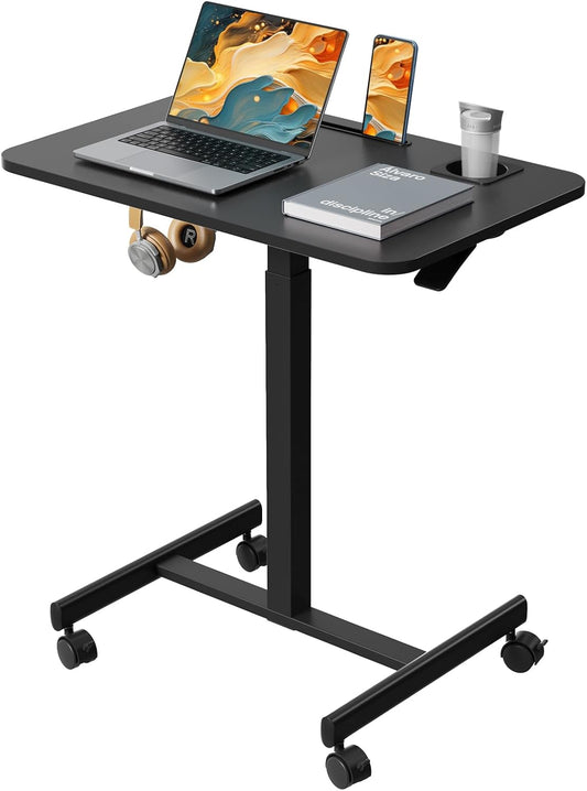 Mobile Standing Desk, Rolling Laptop Cart Adjustable Height with Cup Holder, 28 Inch Portable Table with 4 Lockable Wheels, Black Computer Workstation with Hook and Slots for Home Office