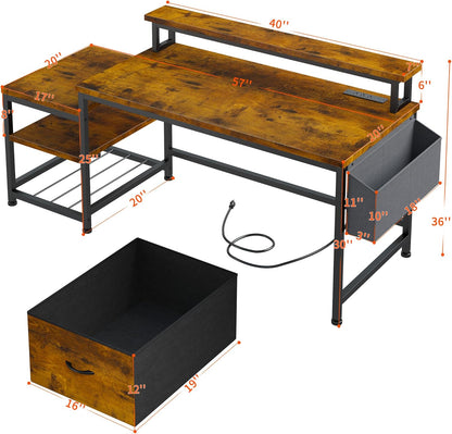 57" Office Desk with Drawers and Printer Space,Computer Desk with Power Outlets,Home Office Desks with File Drawers Cabinet,Study and Gaming Desk with Shelves Monitor Stand,Rustic Brown
