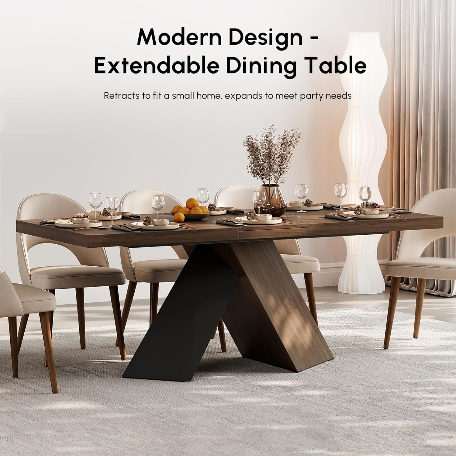 Extendable Dining Table with Walnut Finish, Modern Rectangle Kitchen Table W/Pedestal Base, Seats 6-8 (Walnut, 63"-79" (Seats 6-8))