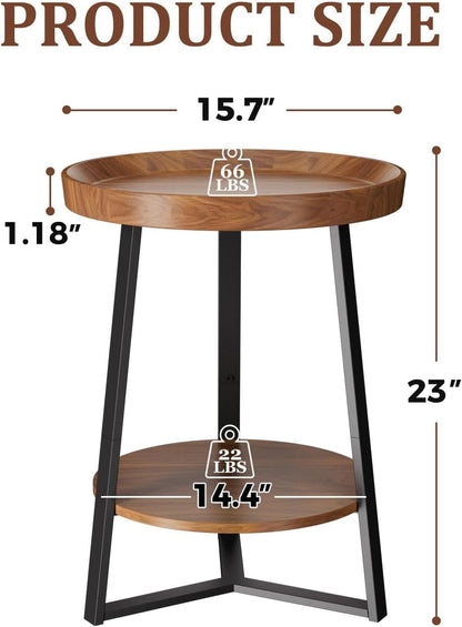round End Table with Storage Shelf, 2 Tier Farmhouse Side Table Nightstand for Living Room, Bedroom, Wood Tabletop & Black Metal Frame, Brown 15.7 * 15.7 * 23.0Inches
