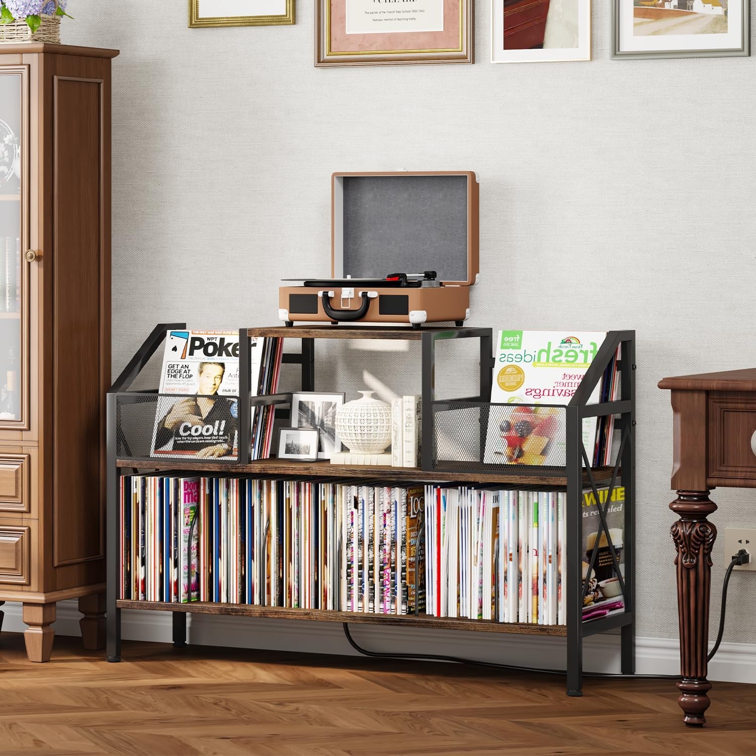 Record Player Stand Holds up to 500 Albums, Turntable Stand with Vinyl Record Player Storage Cabinet, Records Vinyl Albums Storage, Rustic Brown