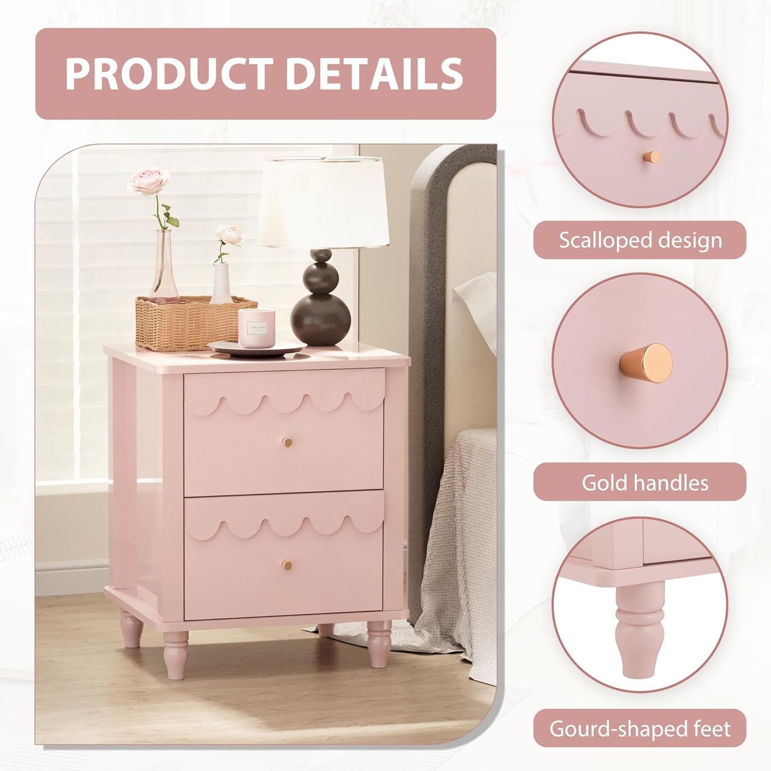 Pink Nightstand Side End Table with 2 Drawers, Modern Night Stand with Petal Pattern for Bedroom, Scalloped Bedside Night Tables with Solid Wood Legs