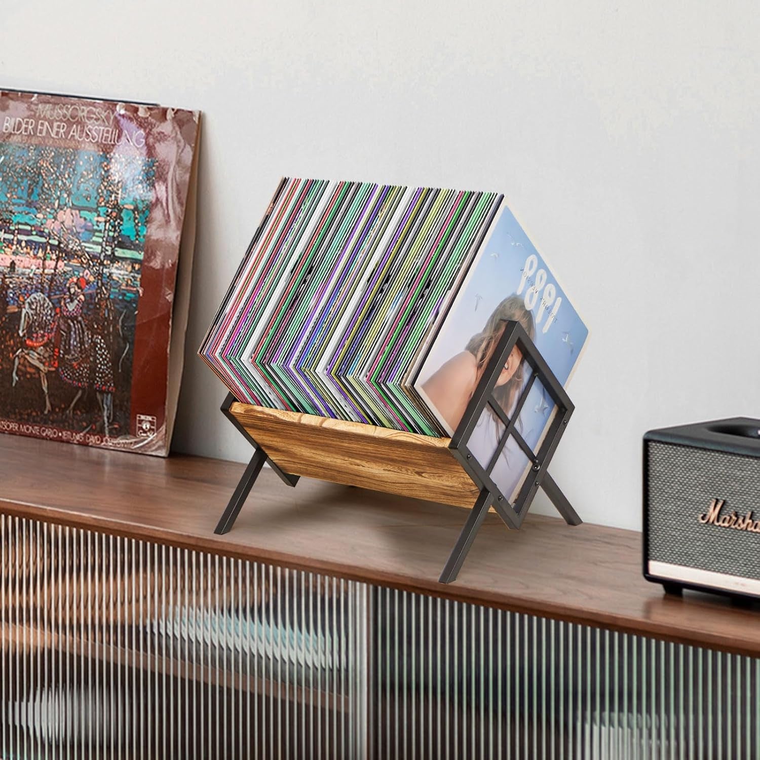Vinyl Record Holder,Wooden and Heavy-Duty Steel Vinyl Record Storage Rack for 80-100 Lp,Albums,Magazine, Book, Files.Retro Style Record Display (Fire-Burnt Retro)