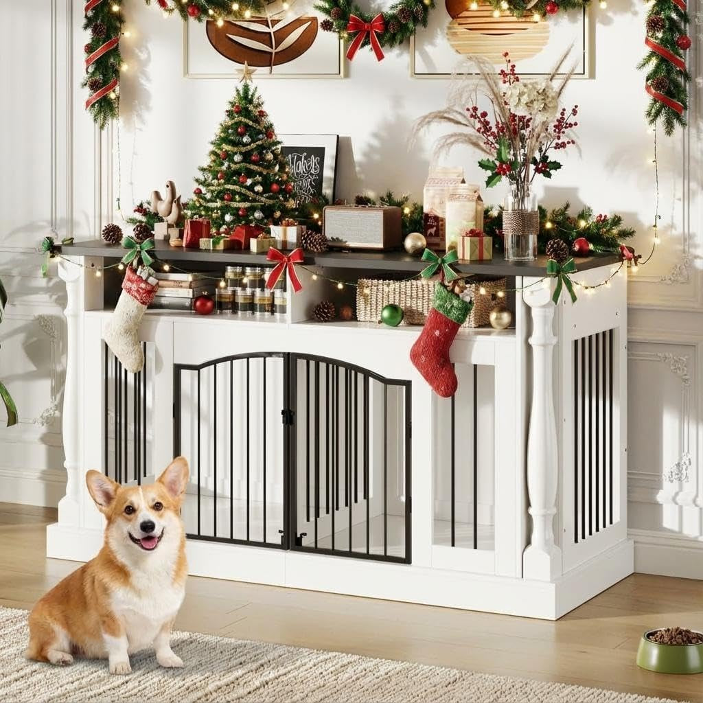 63" Large Dog Crate Furniture for Small & Medium Dogs, Roman Column Kennel Furniture with Semi-Open Storage, TV Stand Dog Cage Table, Heavy Duty Indoor Dog Kennel, White+Black Top