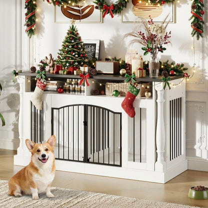 63" Large Dog Crate Furniture for Small & Medium Dogs, Roman Column Kennel Furniture with Semi-Open Storage, TV Stand Dog Cage Table, Heavy Duty Indoor Dog Kennel, White+Black Top