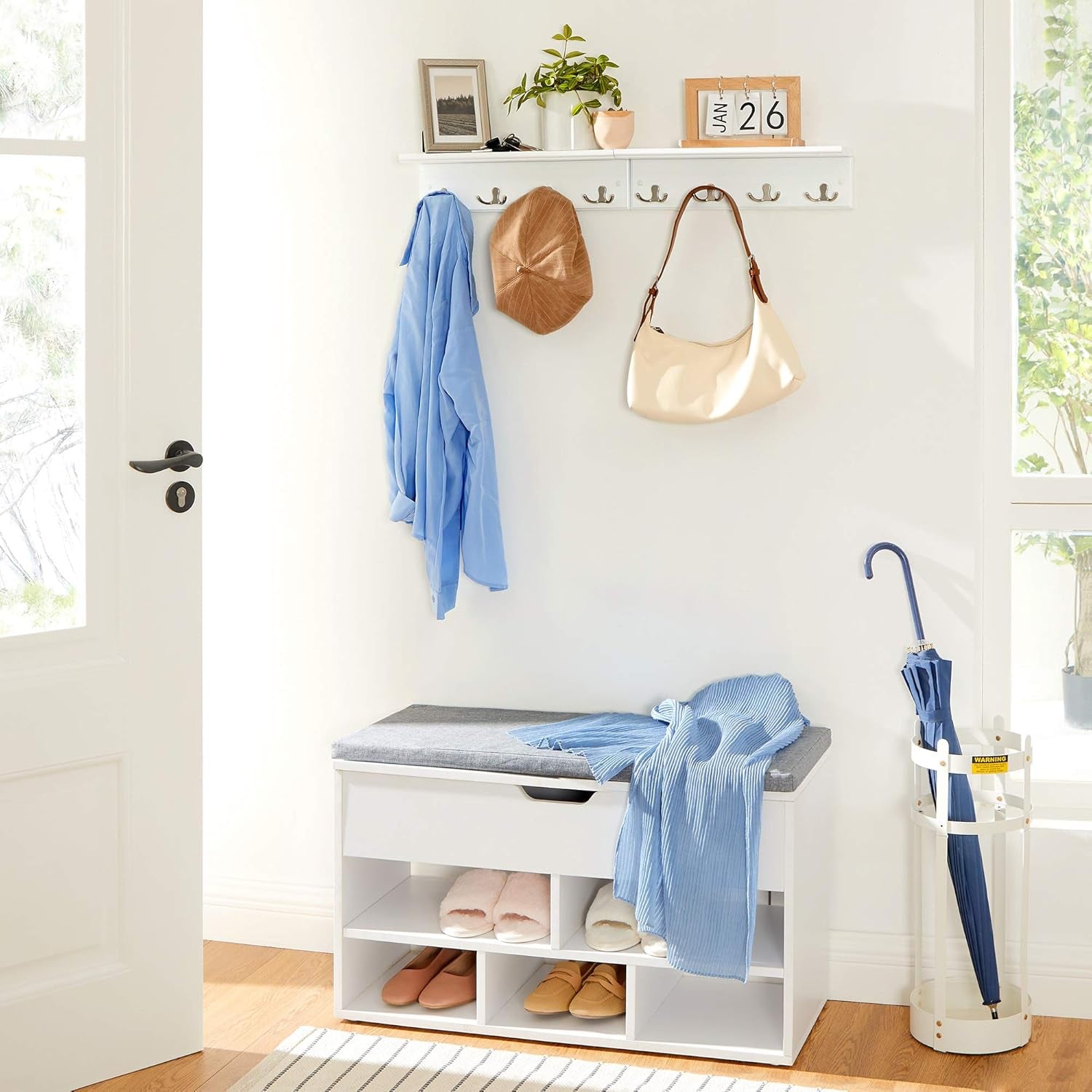 Entryway Hanging Coat Rack, Wall-Mounted Wooden Shelf, with 4 Double Hooks, Wall Floating Shelf, White ULHR42WT