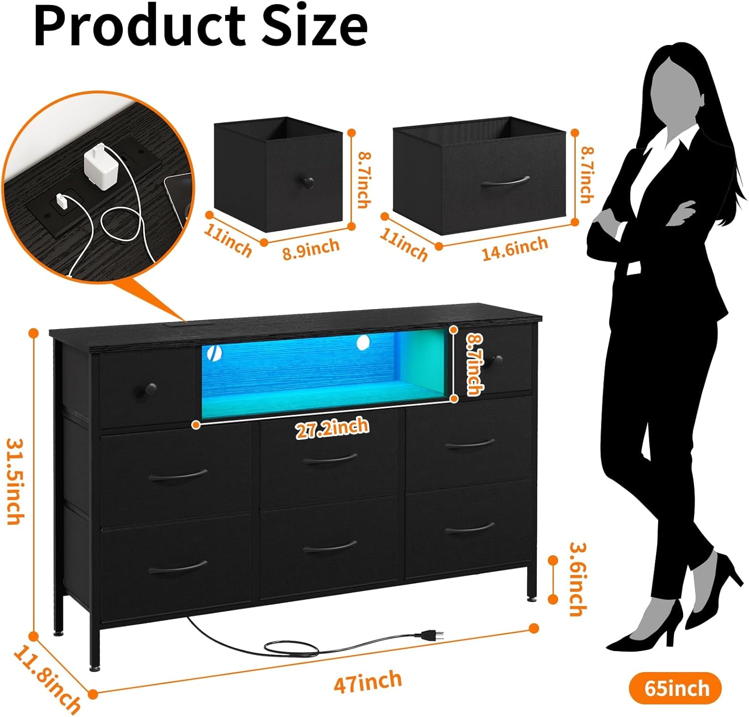 Dresser for Bedroom TV Stand for 55 Inch TV with Charging Station and LED Light, Fabric Chest of Drawers, 8 Drawer Kids Dressers for Boys Bedroom, Living Room, Closet (Black)