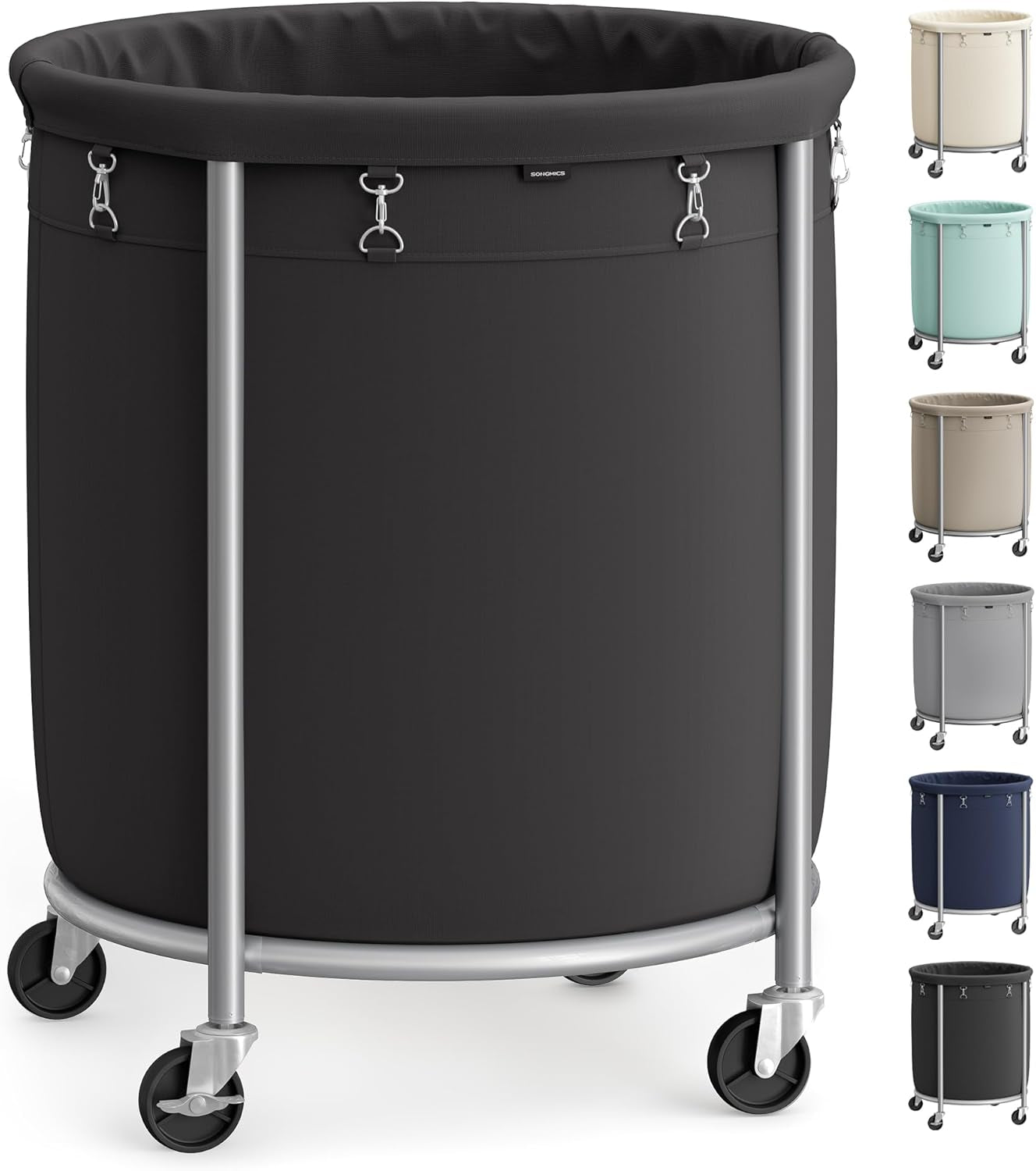 50.2-Gallon (190 L) Laundry Basket with Wheels, Rolling round Heavy-Duty Laundry Hamper Cart with Steel Frame and Removable Bag, 2 Locking Wheels, Ink Black and Metallic Silver URLS001B01