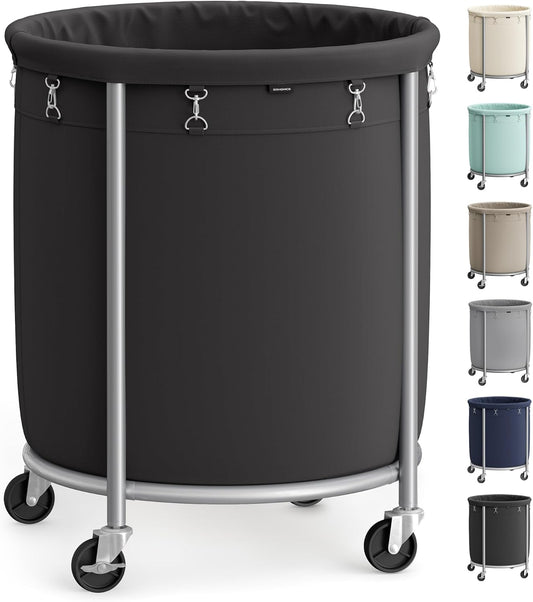 50.2-Gallon (190 L) Laundry Basket with Wheels, Rolling round Heavy-Duty Laundry Hamper Cart with Steel Frame and Removable Bag, 2 Locking Wheels, Ink Black and Metallic Silver URLS001B01