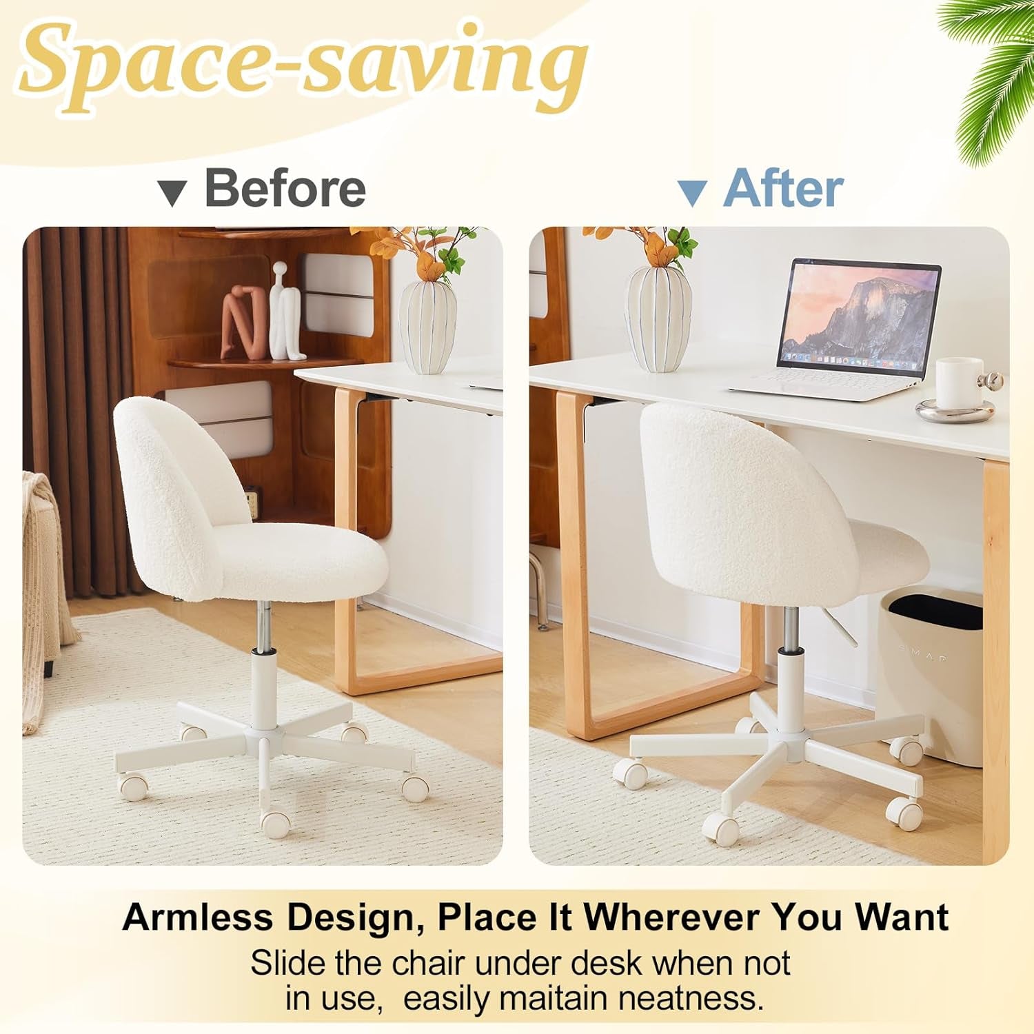 Modern Vanity Chair with Back, Velvet Desk Chair for Girls, Small Office Chair with Silent Wheels， Stylish and Comfortable, White