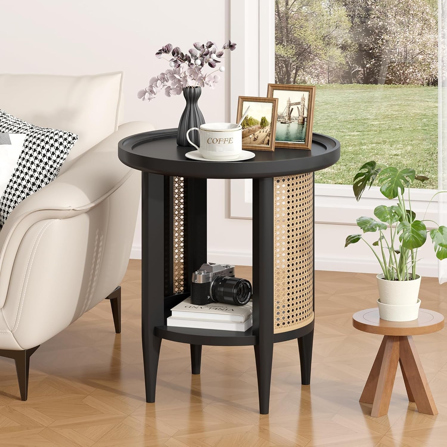 round End Table Rattan Style Side Table with Solid Wood Legs, Boho Style Nightstand Bedside Table with 2-Tier Shelves, Small Coffee Table for Living Room Bedroom Small Spaces Black