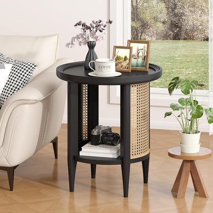 round End Table Rattan Style Side Table with Solid Wood Legs, Boho Style Nightstand Bedside Table with 2-Tier Shelves, Small Coffee Table for Living Room Bedroom Small Spaces Black