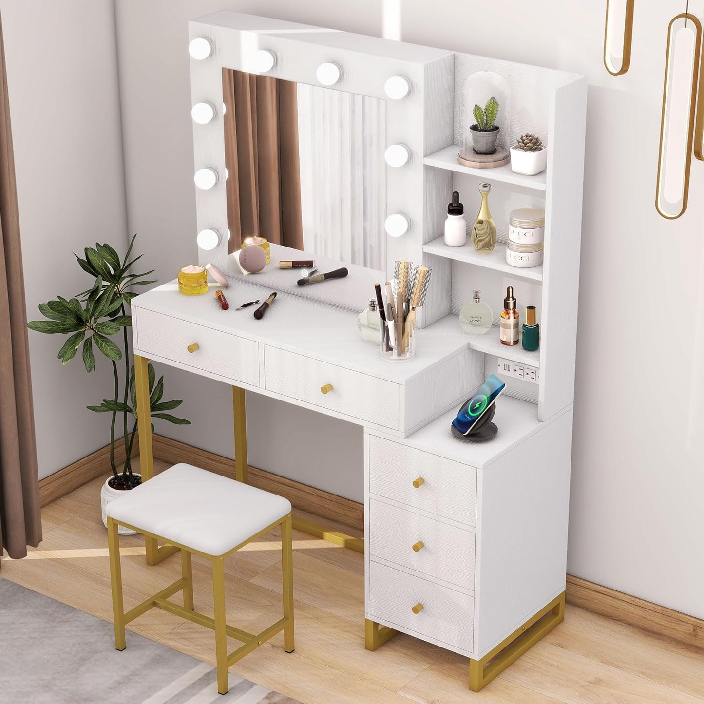 Makeup Vanity Desk with Mirror, LED Light and Power Outlet, Vanity Set with Hidden Jewelry Storage, 5 Drawers and Lots Shelves, Adjustable 3 Lighting Colors, Dressing Table with Stool, White