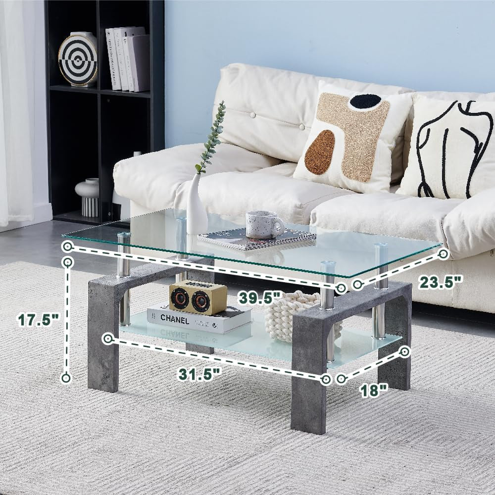 Living Room Rectangle Coffee Table, Tea Table Suitable for Waiting Room, Modern Side Coffee Table with Wooden Leg, Glass Tabletop with Lower Shelf,Grey Marble