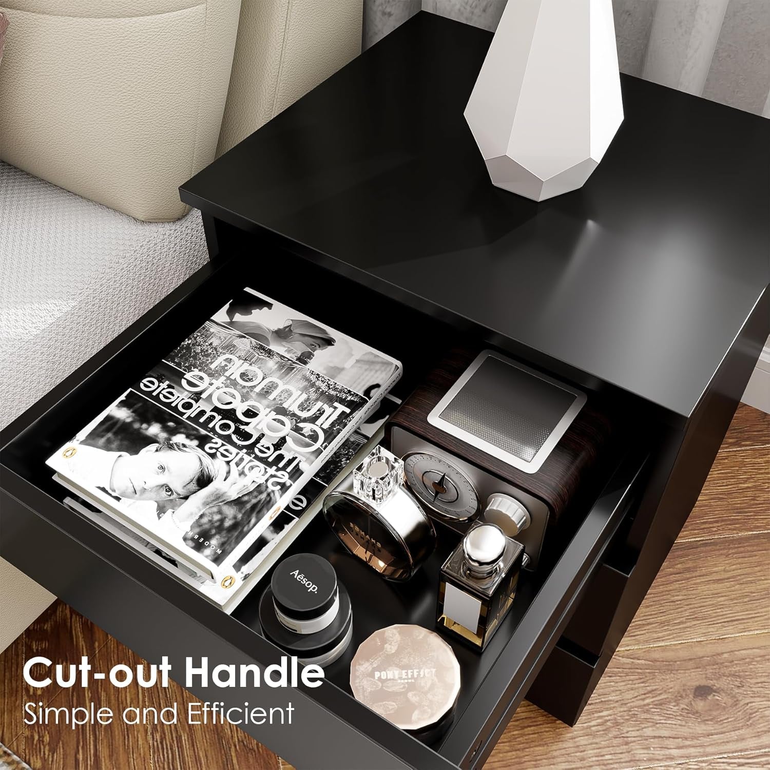 Nightstand Set of 2 Black Nightstand with 3 Drawers, Black Bedside Table Night Stand for Bedroom with Cut-Out Handle, Sofa Side Table 3 Drawer Nightstand for Bedroom, 17.7W*15D*21.7H