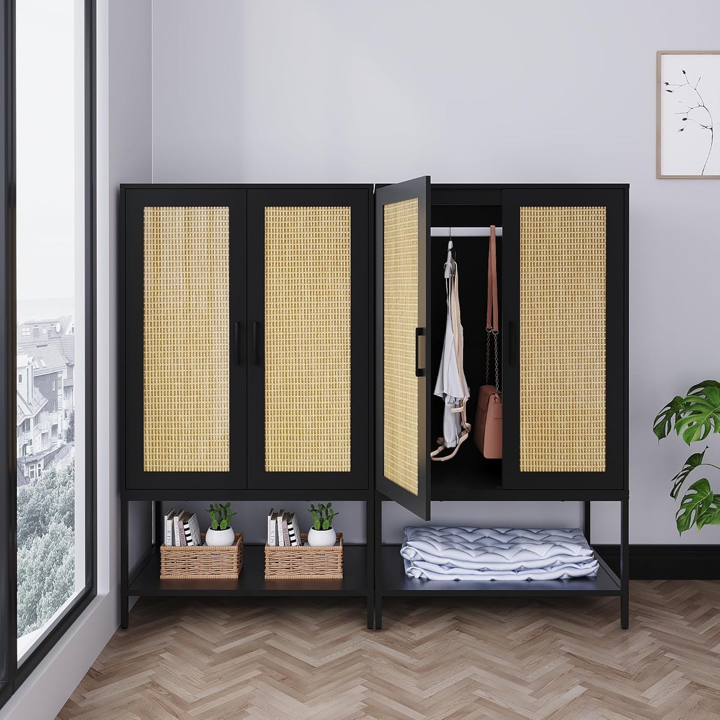 Wardrobe Closet,Rattan Bedroom Armoires with 2 Doors,Wooden Wardrobe Cabinet with Shelves and Hanging Rod for Clothes,Black