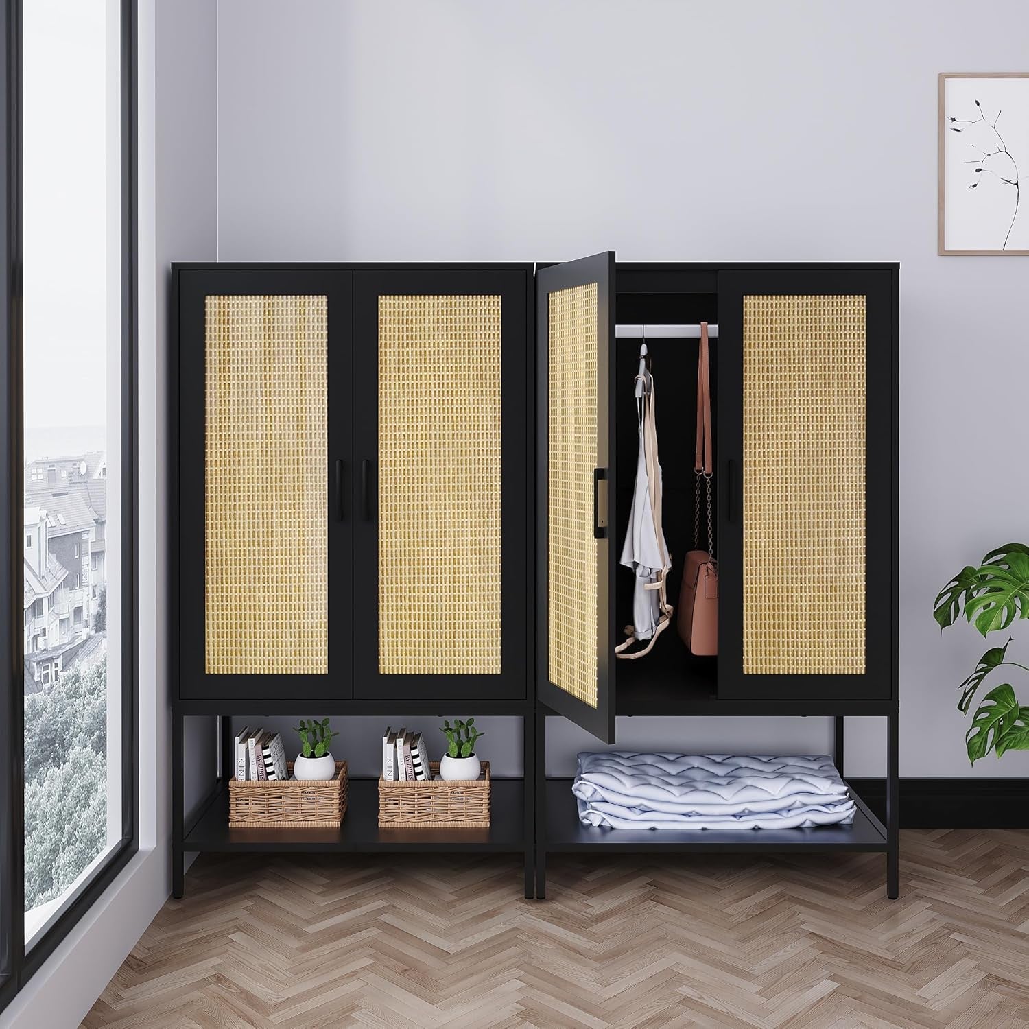Wardrobe Closet,Rattan Bedroom Armoires with 2 Doors,Wooden Wardrobe Cabinet with Shelves and Hanging Rod for Clothes,Black