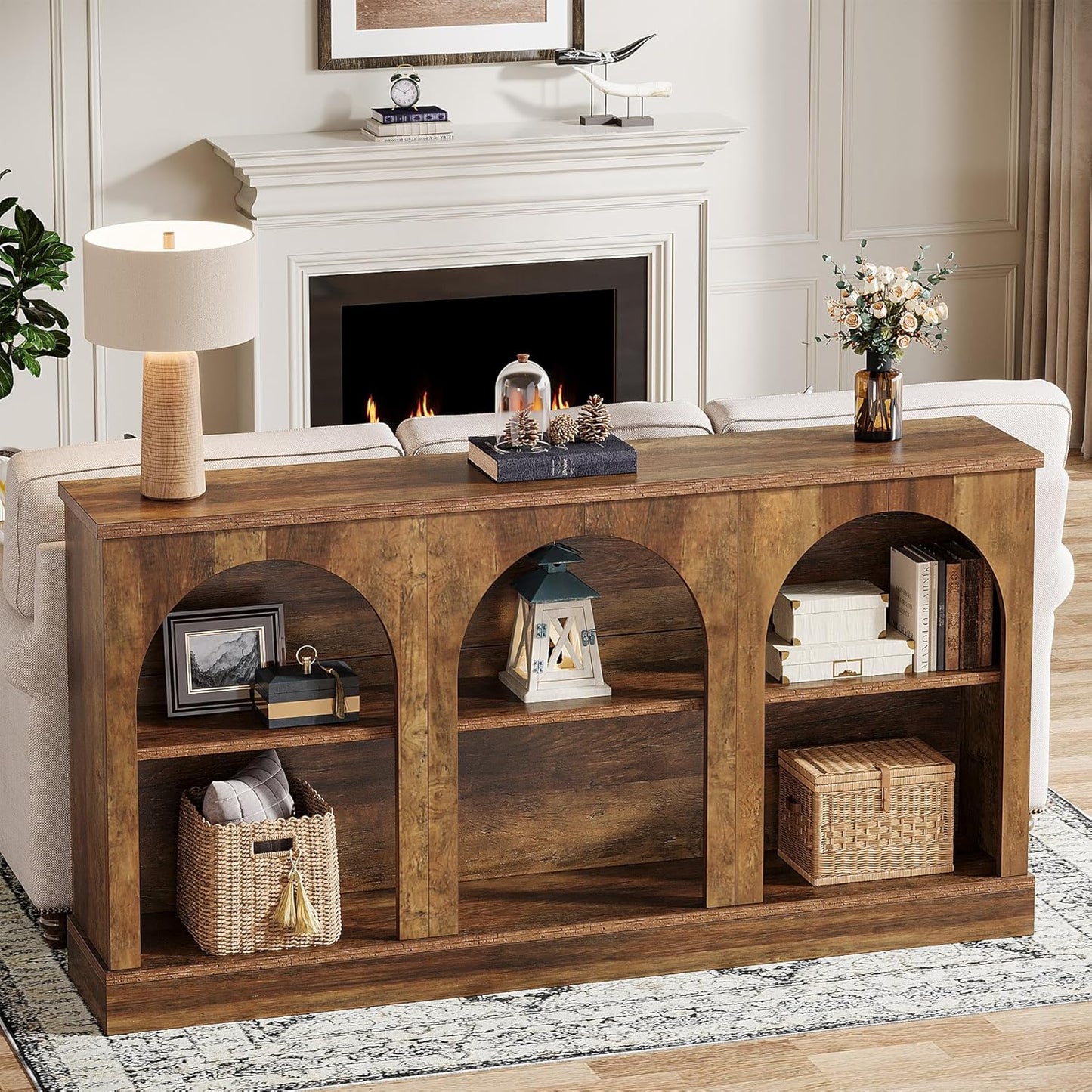 Farmhouse Console Table, 63-Inch Long Entryway Table with 3 Tier Storage, Wooden Rectangular Sofa Table behind the Couch for Entrance, Hallway, Living Room, Brown