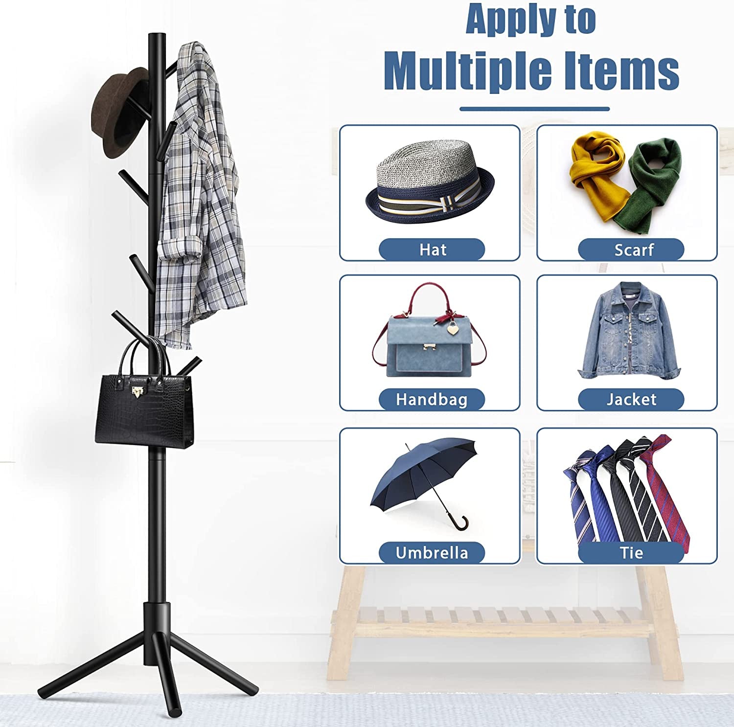 Wooden Coat Rack Stand with 8 Hooks New Zealand Pine 3 Adjustable Coat Standing Tree Easy Assembly for Coats, Hats, Scarves and Handbags for Entryway, Hallway, Bedroom, Office