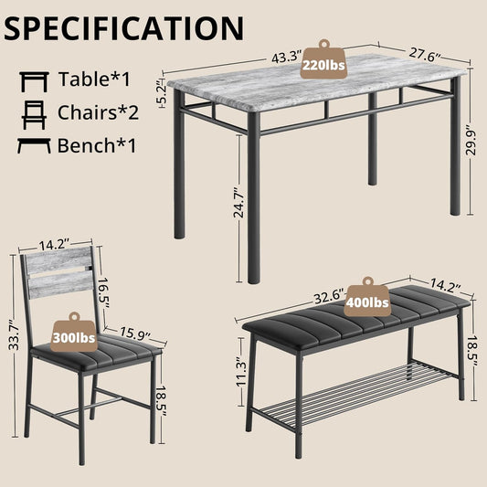 Dining Table Set for 4, Kitchen Table with Upholstered Bench and 2 Chairs, Kitchen Table and Chairs Set for Small Space, Apartment, Gray