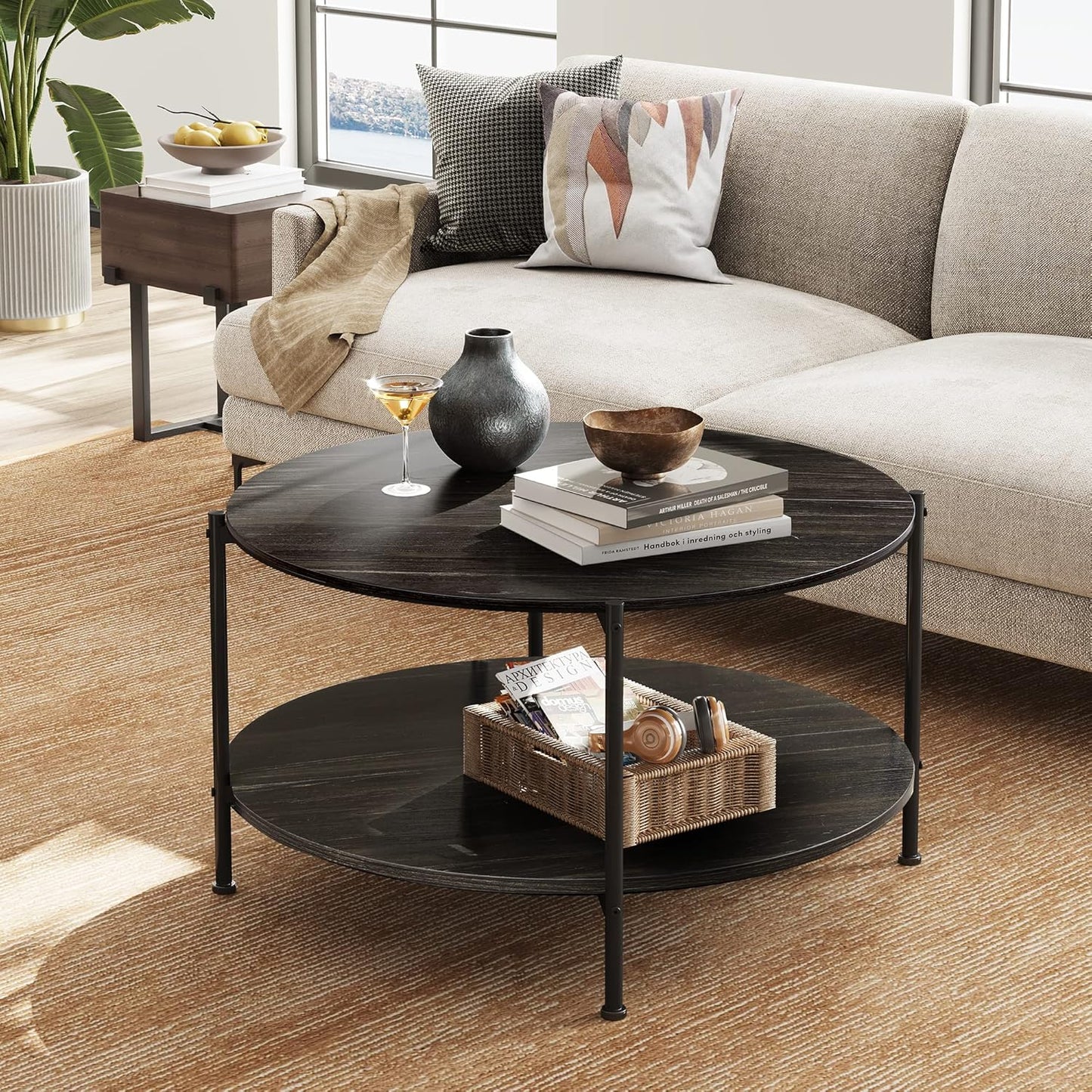 round Coffee Table for Living Room, 32.6" Small Coffee Table with Open Storage Shelf, 2-Tier Industrial Circle Wood Center Table for Bedroom, Home Office, Charcoal Black