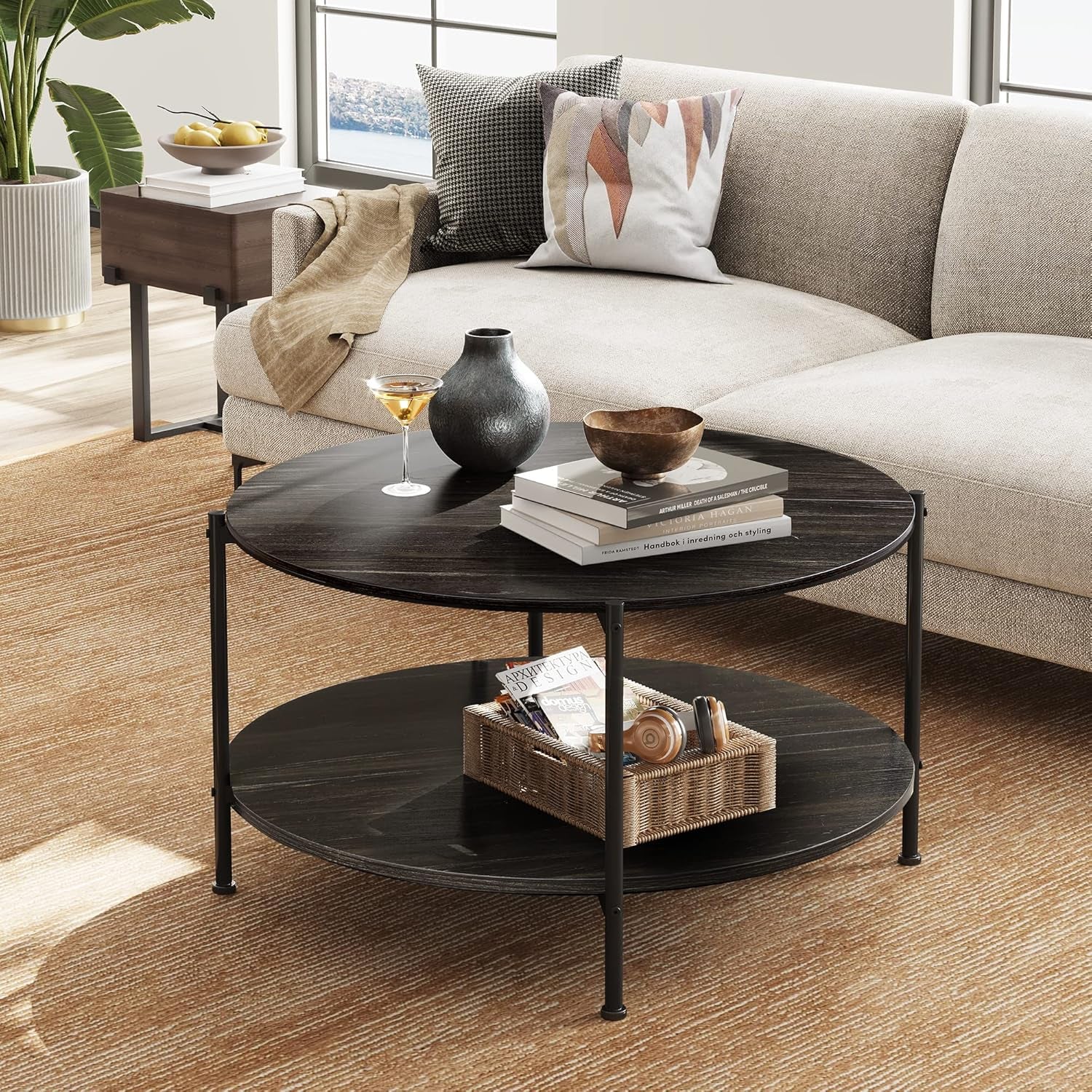round Coffee Table for Living Room, 32.6" Small Coffee Table with Open Storage Shelf, 2-Tier Industrial Circle Wood Center Table for Bedroom, Home Office, Charcoal Black