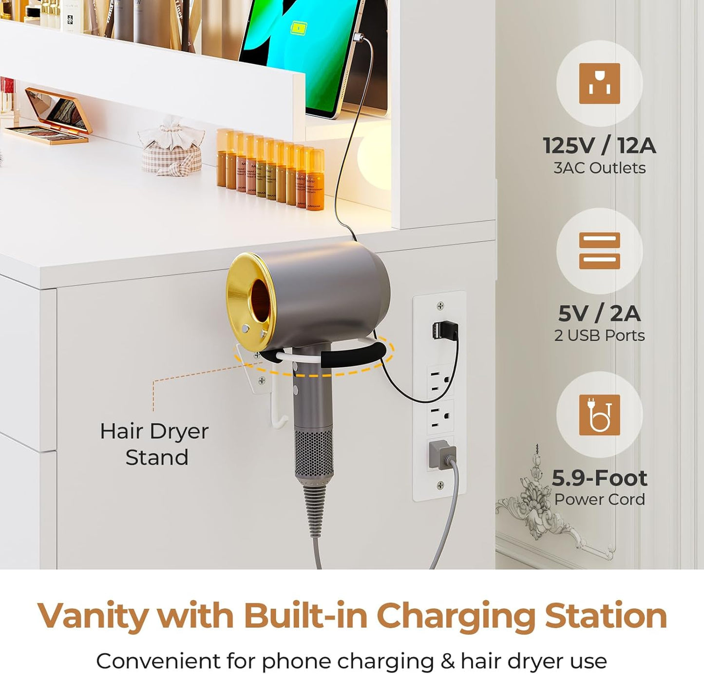 Makeup Vanity Desk with Large Lighted Mirror and 9 Drawers, Large Vanity Desk with Storage Rack, Hook, Crystal Handle, White Bedroom Dressing Table Set with Charging Station, Lights Adjustable