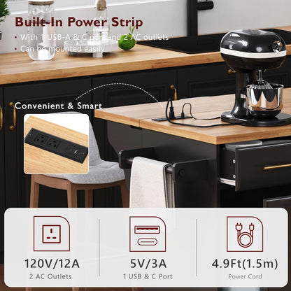 Rolling Kitchen Island with Drop Leaf & 2 Pull Out Cabinet Organizers,59.3" Stationary Kitchen Cart with Trash Can Storage,Power Outlet,Spice & Towel Rack,3 Drawers Island Table for Kitchen,Black